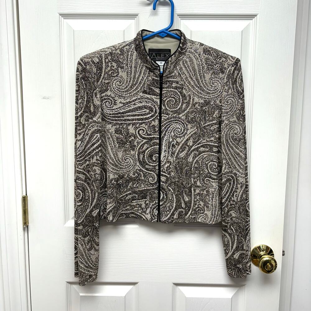 Alex Evenings Top Sequin Paisley Black, Tan, Gold Zip Up, Shoulder Pads, Size 10
